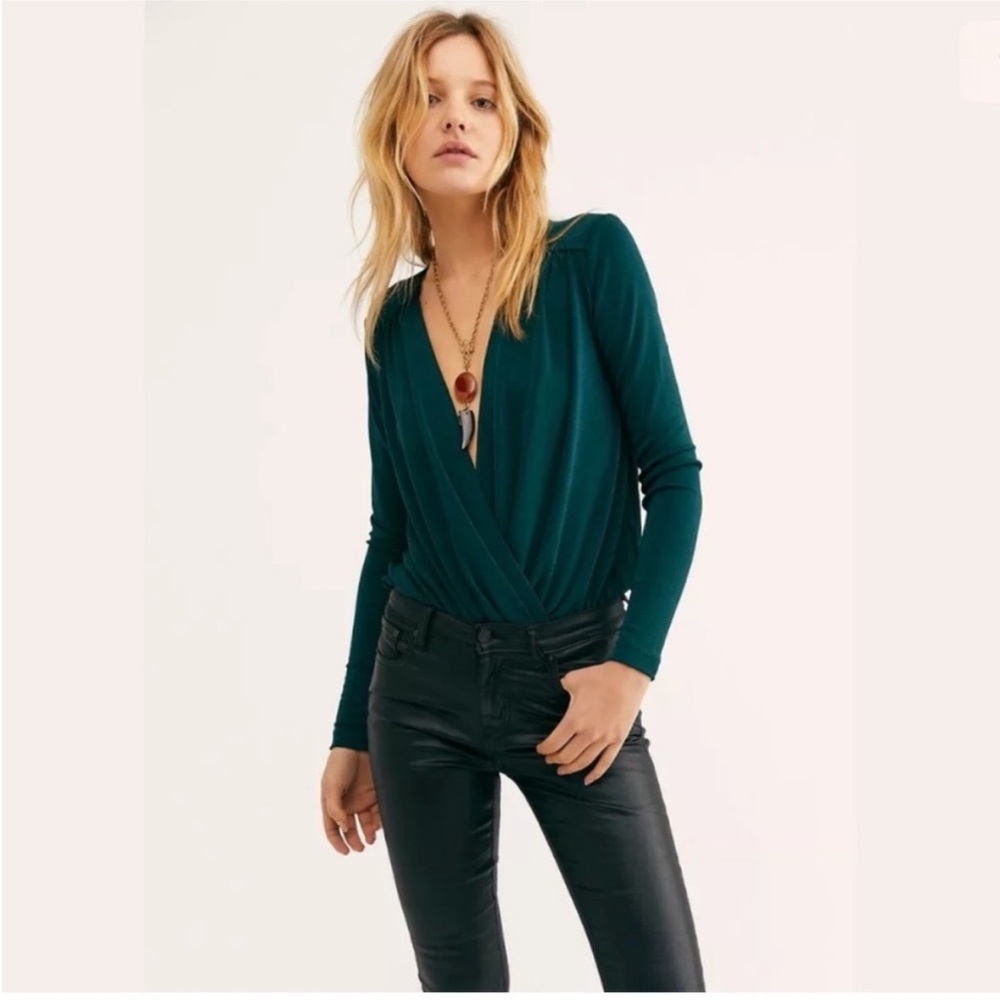 Free People Turnt Bodysuit Long Sleeve Deep V Neck